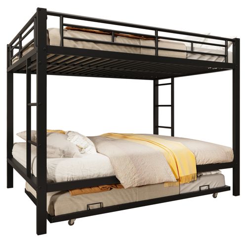 Lit Superposé 140x200 En Métal Avec Lit Gigogne, Garde-corps Haut, Moderne Et Robuste, Noir