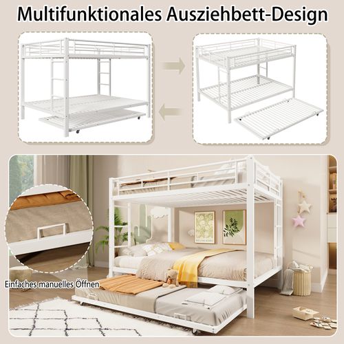 Lit Superposé 140x200 En Métal Avec Lit Gigogne, Garde-corps Haut, Moderne Et Robuste, Blanc