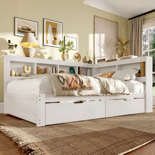 Lit Banquette 140x200 Avec Tiroirs, Prises Et Ports USB Intégrés, Design Pratique En Bois Blanc