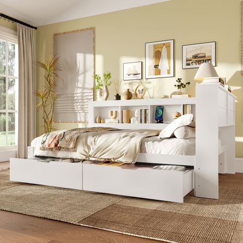 Lit Banquette 140x200 Avec Tiroirs, Prises Et Ports USB Intégrés, Design Pratique En Bois Blanc