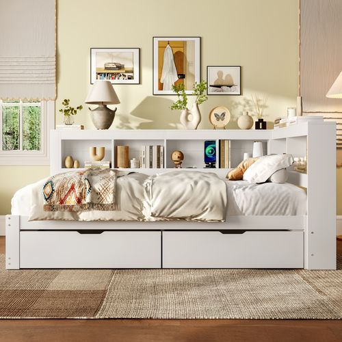 Lit Banquette 140x200 Avec Tiroirs, Prises Et Ports USB Intégrés, Design Pratique En Bois Blanc