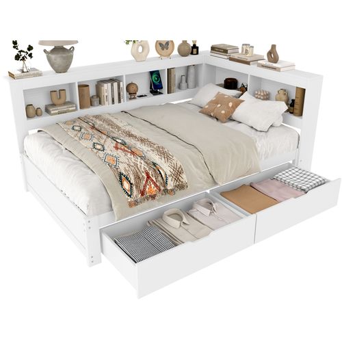 Lit Banquette 140x200 Avec Tiroirs, Prises Et Ports USB Intégrés, Design Pratique En Bois Blanc