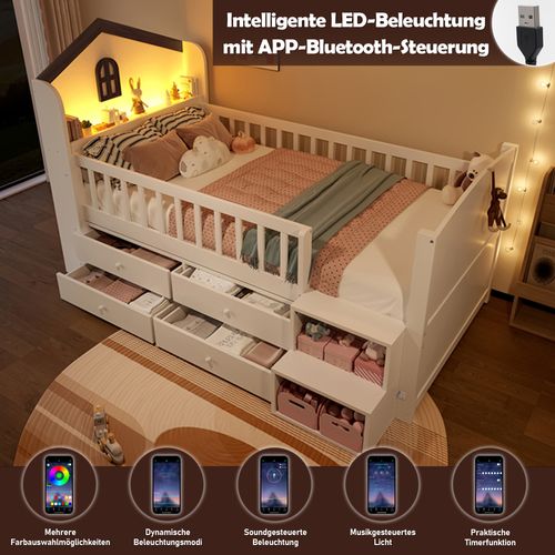 Lit Mi-hauteur 90x200 En Forme De Maison Avec LED, 4 Tiroirs Et Étagères Intégrées, Bois Blanc