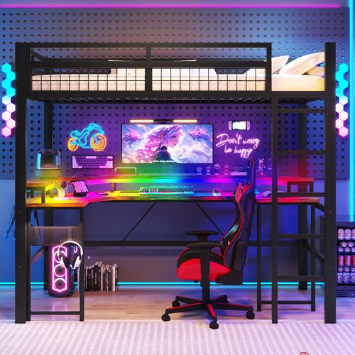 Lit Mezzanine 90x200 En Métal Avec LED Multicolore, Bureau Intégré Et Connectivité Complète, Noir