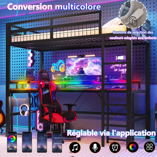 Lit Mezzanine 90x200 En Métal Avec LED Multicolore, Bureau Intégré Et Connectivité Complète, Noir