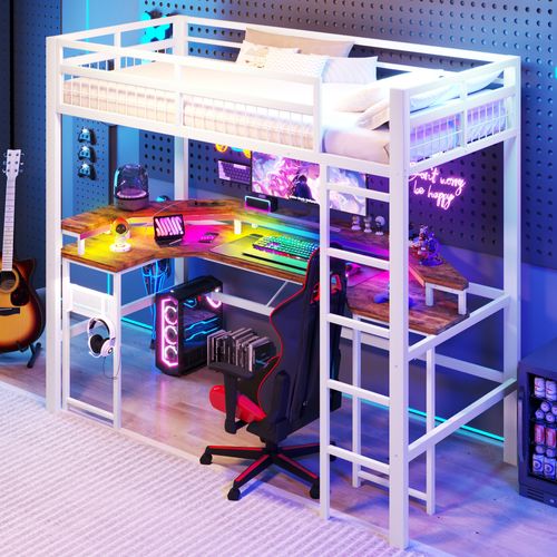 Lit Mezzanine 90x200 En Métal Avec LED Multicolore, Bureau Intégré Et Connectivité Complète, Blanc