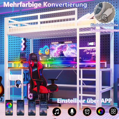 Lit Mezzanine 90x200 En Métal Avec LED Multicolore, Bureau Intégré Et Connectivité Complète, Blanc