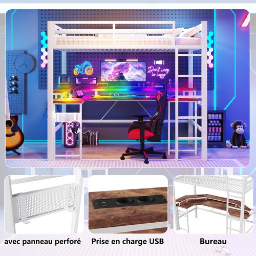 Lit Mezzanine 90x200 En Métal Avec LED Multicolore, Bureau Intégré Et Connectivité Complète, Blanc