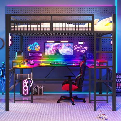 Lit Mezzanine 140x200 En Métal Avec LED Multicolore, Bureau Intégré Et Connectivité Complète, Noir