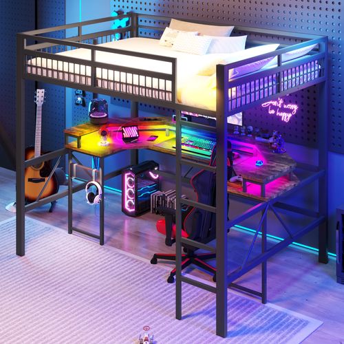 Lit Mezzanine 140x200 En Métal Avec LED Multicolore, Bureau Intégré Et Connectivité Complète, Noir