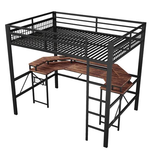 Lit Mezzanine 140x200 En Métal Avec LED Multicolore, Bureau Intégré Et Connectivité Complète, Noir