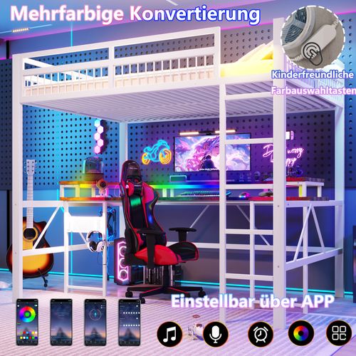 Lit Mezzanine 140x200 En Métal Avec LED Multicolore, Bureau Intégré Et Connectivité Complète, Blanc