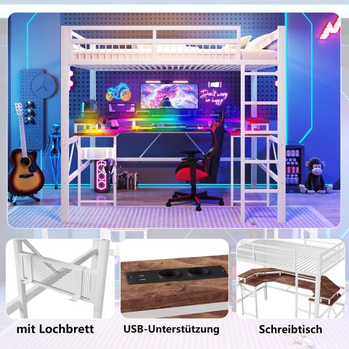Lit Mezzanine 140x200 En Métal Avec LED Multicolore, Bureau Intégré Et Connectivité Complète, Blanc