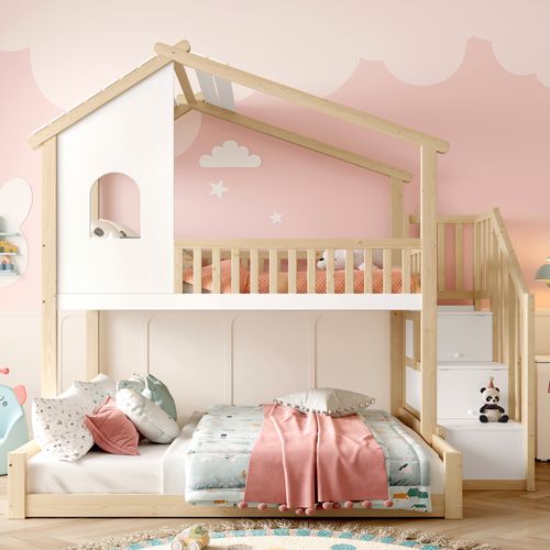 Lit Superposé 90x200+140x200 En Bois Avec Forme Cabane, Garde-corps Et Rangements, Naturel/blanc