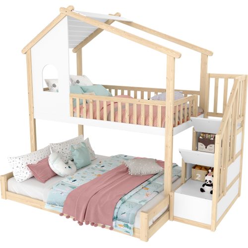 Lit Superposé 90x200+140x200 En Bois Avec Forme Cabane, Garde-corps Et Rangements, Naturel/blanc