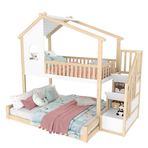 Lit Superposé 90x200+140x200 En Bois Avec Forme Cabane, Garde-corps Et Rangements, Naturel/blanc