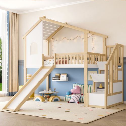 Lit Mezzanine 90x200 En Bois Naturel Avec Cabane, Toboggan Et Rangements Intégrés, Blanc
