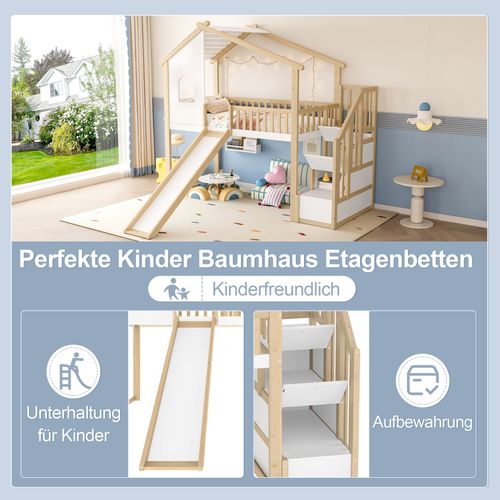Lit Mezzanine 90x200 En Bois Naturel Avec Cabane, Toboggan Et Rangements Intégrés, Blanc