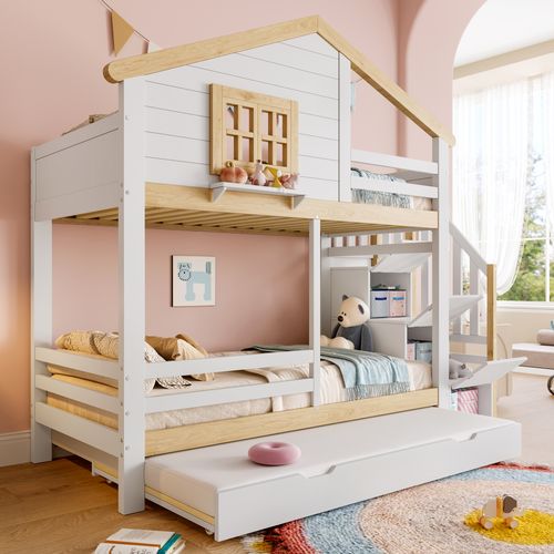 Lit Superposé 90x200 Avec Lit Gigogne, Échelle De Rangement Et Style Maison, Bois Blanc/naturel