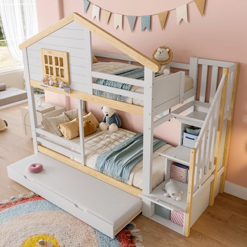 Lit Superposé 90x200 Avec Lit Gigogne, Échelle De Rangement Et Style Maison, Bois Blanc/naturel
