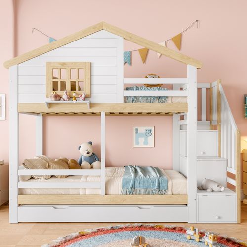 Lit Superposé 90x200 Avec Lit Gigogne, Échelle De Rangement Et Style Maison, Bois Blanc/naturel