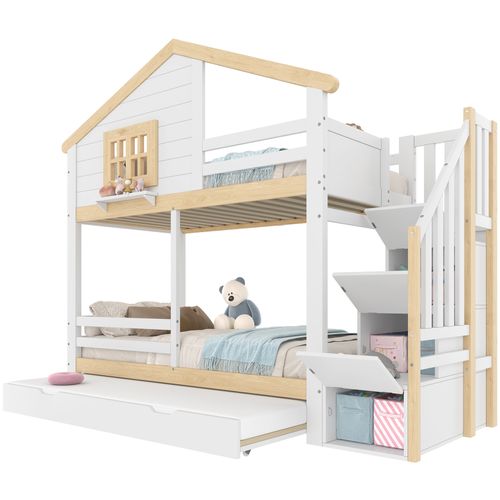 Lit Superposé 90x200 Avec Lit Gigogne, Échelle De Rangement Et Style Maison, Bois Blanc/naturel