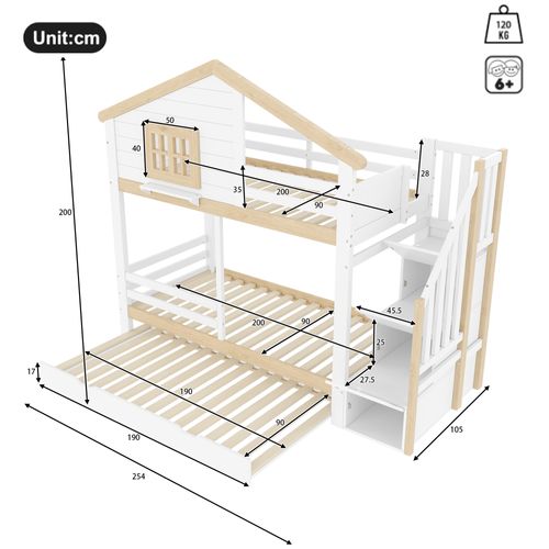 Lit Superposé 90x200 Avec Lit Gigogne, Échelle De Rangement Et Style Maison, Bois Blanc/naturel