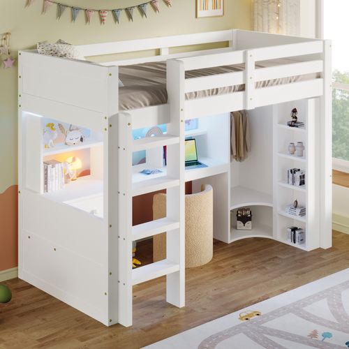 Lit Mezzanine 90x200 Avec LED, Bureau, Armoire, Tiroirs Et Rangements, Bois Blanc Robuste