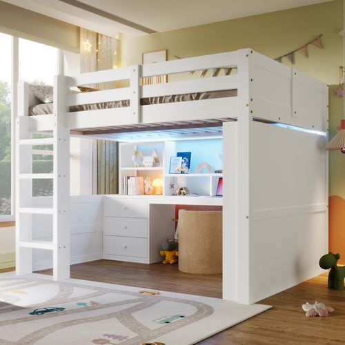 Lit Mezzanine 140x200 Avec LED, Bureau, Armoire, Tiroirs Et Rangements Intégrés, Bois Blanc Élégant