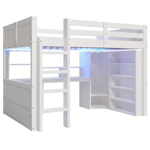 Lit Mezzanine 140x200 Avec LED, Bureau, Armoire, Tiroirs Et Rangements Intégrés, Bois Blanc Élégant