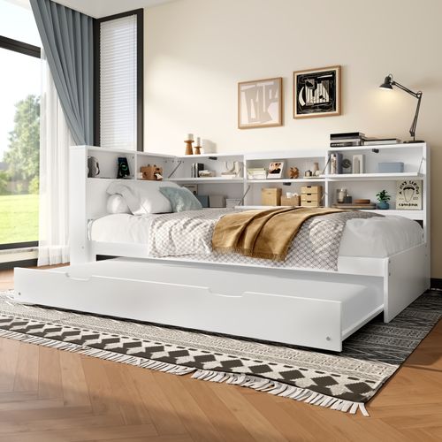 Lit Gigogne 90x200 Avec Tête De Lit Rangement, Tiroir-lit Escamotable, Design Blanc Élégant