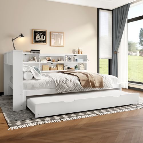 Lit Gigogne 140x200 Avec Tête De Lit Rangement, Lit Escamotable Et Design Blanc Élégant