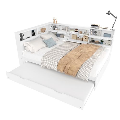 Lit Gigogne 140x200 Avec Tête De Lit Rangement, Lit Escamotable Et Design Blanc Élégant
