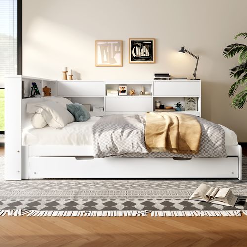 Lit Gigogne 140x200 Avec Tête De Lit Rangement, Lit Escamotable Et Design Blanc Élégant