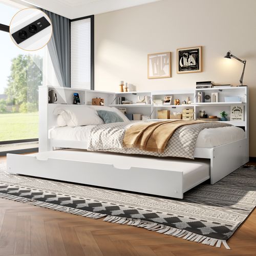 Lit Gigogne 140x200 Avec Tête De Lit Rangement, Lit Escamotable Et Design Blanc Élégant