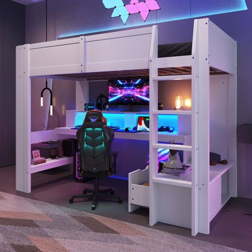Lit Mezzanine 90x200 Pour Gamer Avec Bureau, LED Multicolores Et Rangements Intégrés Blanc
