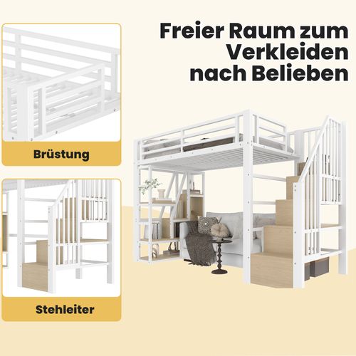 Lit Mezzanine 90x200 En Métal Avec LED, Rangement Intégré, Étagères Et Sécurité Chambre Enfant Blanc