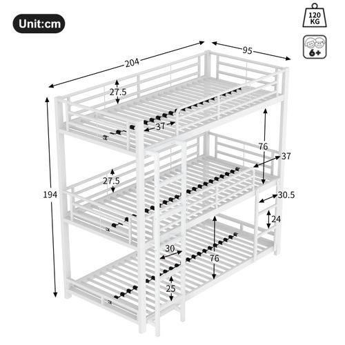 Lit Superposé Triple 90x200 En Métal Blanc, Structure Acier Robuste, Gain De Place, Sécurisé En747