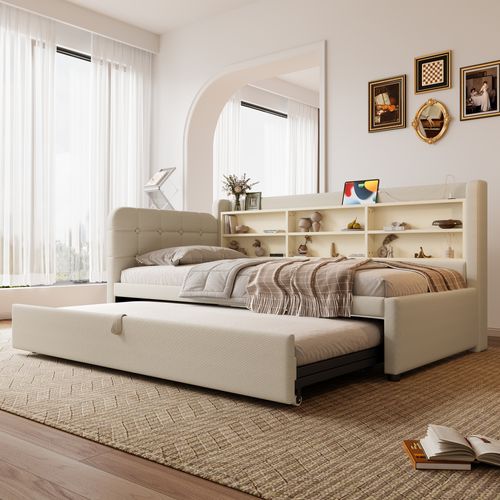 Lit Banquette Convertible 90x200 Cm En Lit Double 180x200, Tissu Lin Beige, Tiroir Extensible, USB