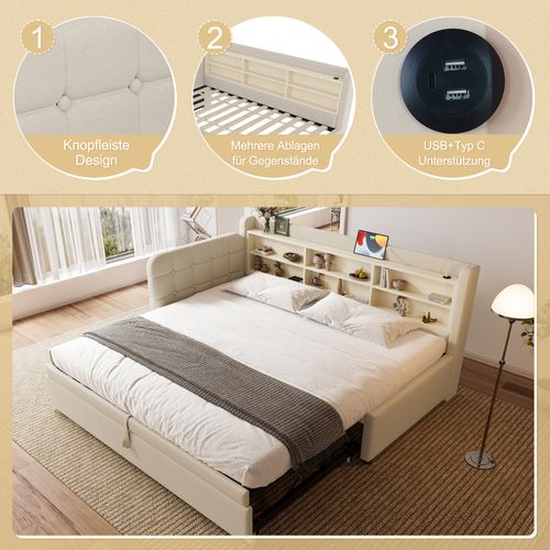 Lit Banquette Convertible 90x200 Cm En Lit Double 180x200, Tissu Lin Beige, Tiroir Extensible, USB