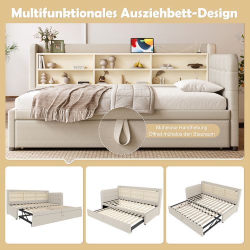 Lit Banquette Convertible 90x200 Cm En Lit Double 180x200, Tissu Lin Beige, Tiroir Extensible, USB