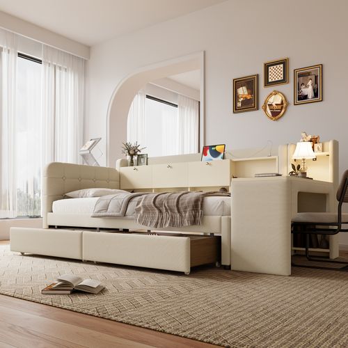 Lit Banquette 90x200 Cm Avec Bureau Modulable, 2 Tiroirs, Rangements Intégrés, Tissu Lin Beige