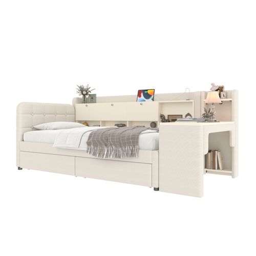 Lit Banquette 90x200 Cm Avec Bureau Modulable, 2 Tiroirs, Rangements Intégrés, Tissu Lin Beige