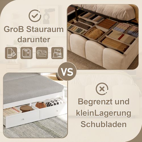 Lit Coffre 140x200 Cm En Velours Beige Avec LED Latérales, Tête De Lit Avec Rangement, Hydraulique