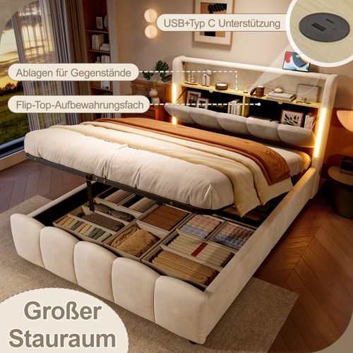 Lit Coffre 140x200 Cm En Velours Beige Avec LED Latérales, Tête De Lit Avec Rangement, Hydraulique