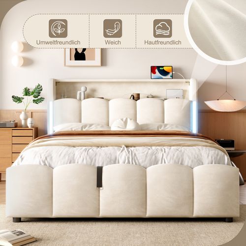 Lit Coffre 140x200 Cm En Velours Beige Avec LED Latérales, Tête De Lit Avec Rangement, Hydraulique