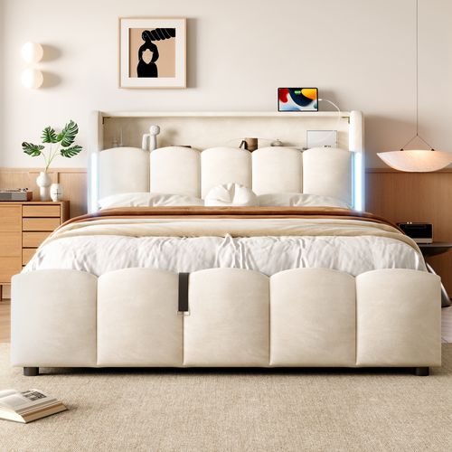 Lit Coffre 140x200 Cm En Velours Beige Avec LED Latérales, Tête De Lit Avec Rangement, Hydraulique