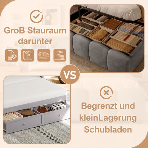 Lit Coffre 140x200 Cm En Velours Gris Avec LED Latérales, Tête De Lit Avec Rangement, Hydraulique