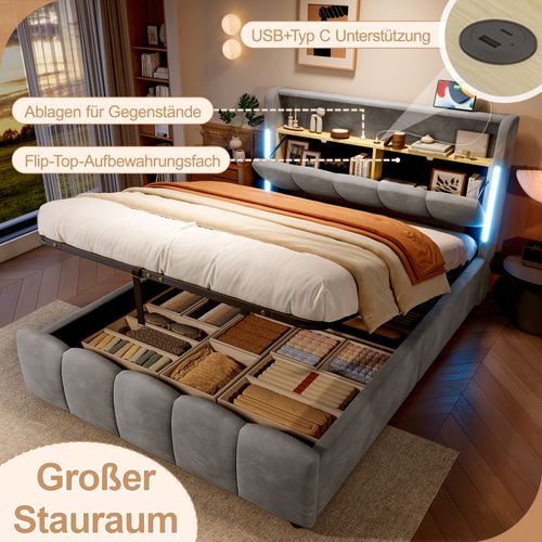 Lit Coffre 140x200 Cm En Velours Gris Avec LED Latérales, Tête De Lit Avec Rangement, Hydraulique