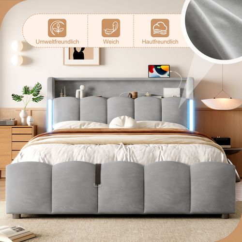 Lit Coffre 140x200 Cm En Velours Gris Avec LED Latérales, Tête De Lit Avec Rangement, Hydraulique